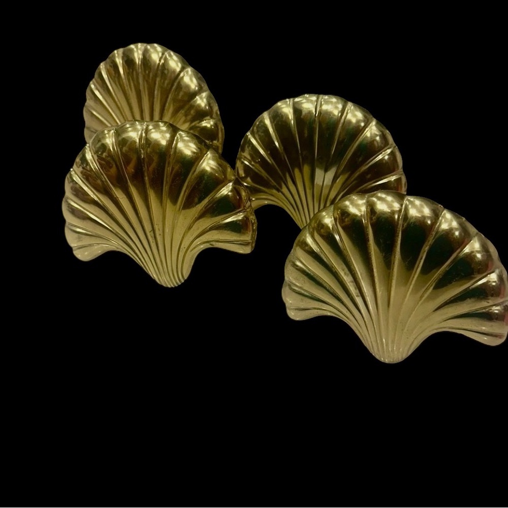 4 Brass Shell Fan Curtain Drapery Tie Backs Holders